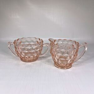 Jeanette Cubist Pink Cream Sugar Depression Glass Small Set Cottage Core Vintage